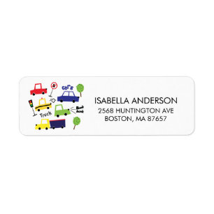 Adressetikett för Cars & Lastbilar Baby Shower Returadress Etikett