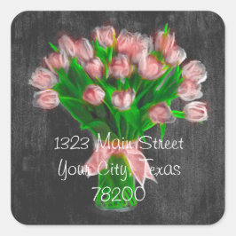 Adressetikett för Chalkboard Coral Rosa Tulips-adr Fyrkantigt Klistermärke