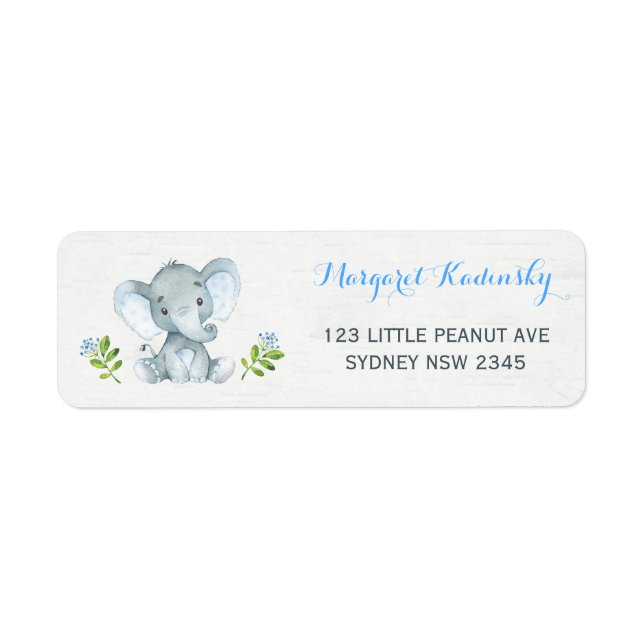 Adressetikett för den blå Blommigten Elephant Baby Returadress Etikett (Framsidan)