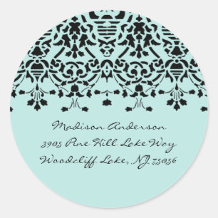 Adressetikett för elegant Aqua & Black Damask Runt Klistermärke