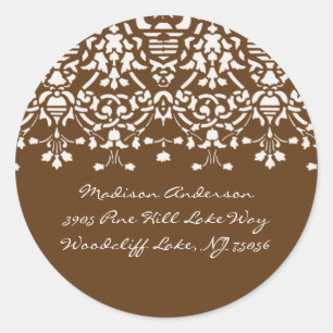 Adressetikett för elegant White & Brown Damask Runt Klistermärke