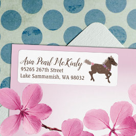 Adressetikett för Galloping Brown Pony Rosa Flower Returadress Etikett