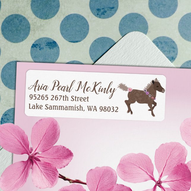 Adressetikett för Galloping Brown Pony Rosa Flower Returadress Etikett (pink and brown galloping pony return address label mailing sticker girls birthday party invitation)