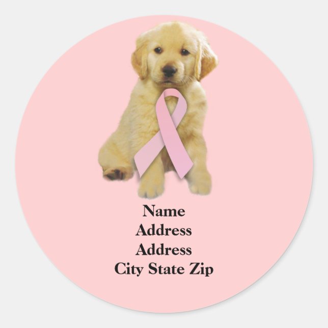 Adressetikett för Golden Retriever Breast Cancer Runt Klistermärke (Framsida)