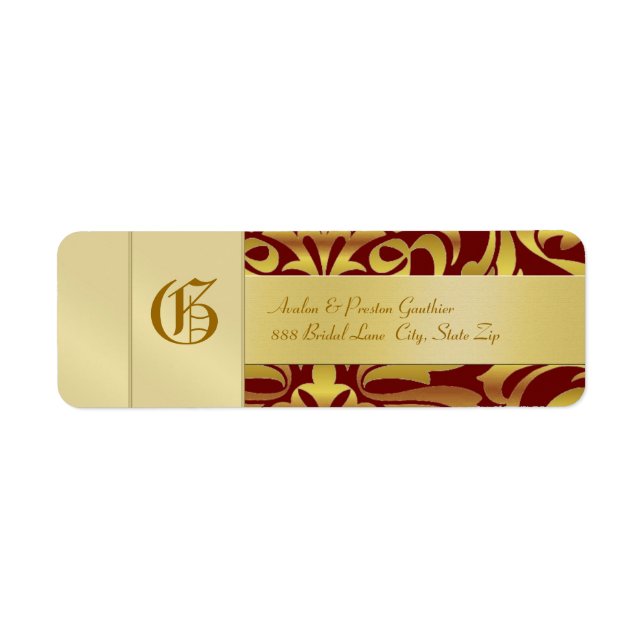 Adressetikett för Guld Damask Monogram Red Bröllop Returadress Etikett (Framsidan)