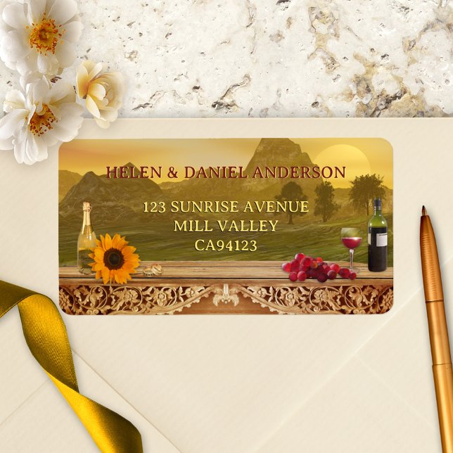 Adressetikett för italienska vineyard Fall Wedding (Wedding address label featuring a painting of a Tuscan Italian landscape with wine and grapes)