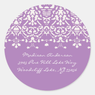Adressetikett för Lavender & White Damask Runt Klistermärke