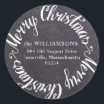 Adressetikett för Round God jul Chalkboard Runt Klistermärke<br><div class="desc">Lägg till den här rundadressetiketten på baksidan av din julkortspost och dubblan som kuvertförsegling. Den svarta färgplattans bakgrund kommer att se underbar ut på alla färg-kuvert. God jul är skrivet i ett vitt skript. Din familj namn och adress står på baksidan. i ett klassiskt serif-teckensnitt. Mall som är enkel att...</div>