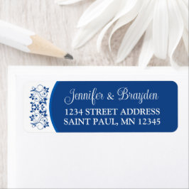 Adressetikett för royal Blue, White Blommigt Bröll Returadress Etikett