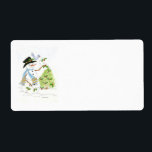 Adressetikett för snögubbe och Bluebird Fraktsedel<br><div class="desc">Snögubbe dekorerar gräs träd med holly.</div>