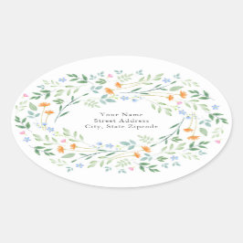 Adressetikett 'Watercolor Mixed Blommigt Ram' Ovalt Klistermärke