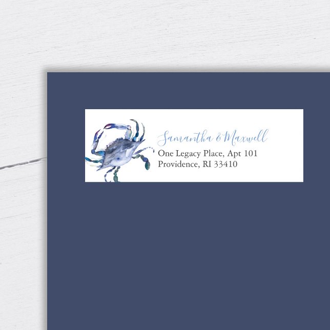 Adressetiketter av kustvattensfärgade blåa krabbor returadress etikett (Crab return address labels watercolor art by Victoria Grigaliunas)