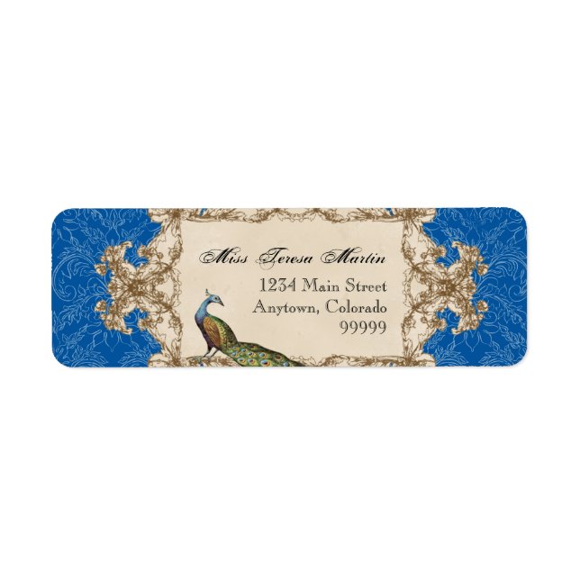 Adressetiketter - Blå Vintage Peacock & Etchings Returadress Etikett (Framsidan)