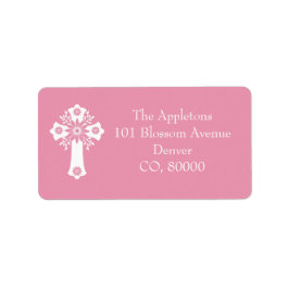 Adressetiketter Blommig Kors Dopfest Rosapink