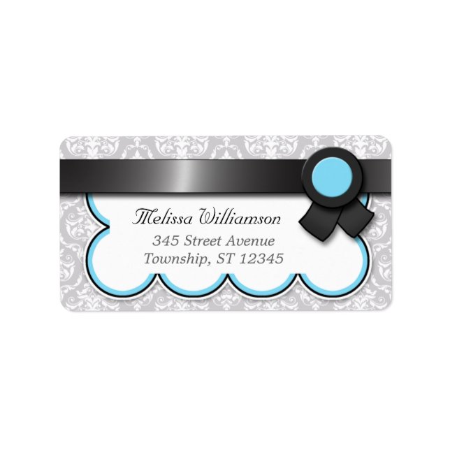 Adressetiketter för Aqua Blue och Grått Damask (Framsidan)