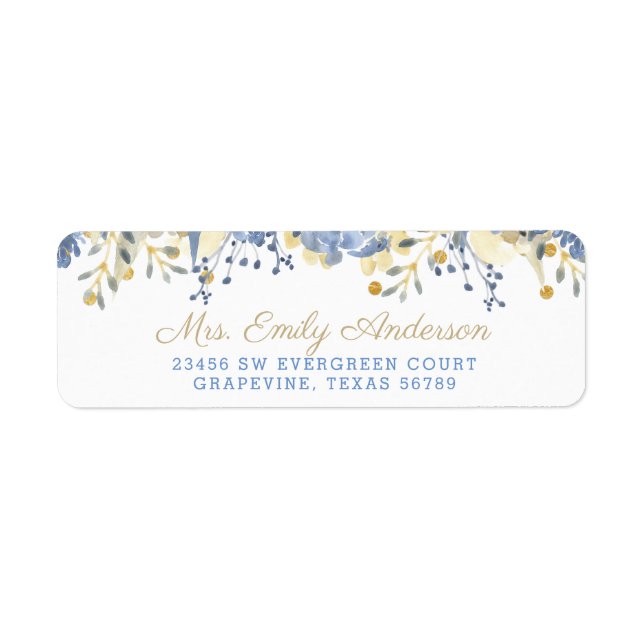 Adressetiketter för Blommigt av baby blue Guld-vat Returadress Etikett (Framsidan)
