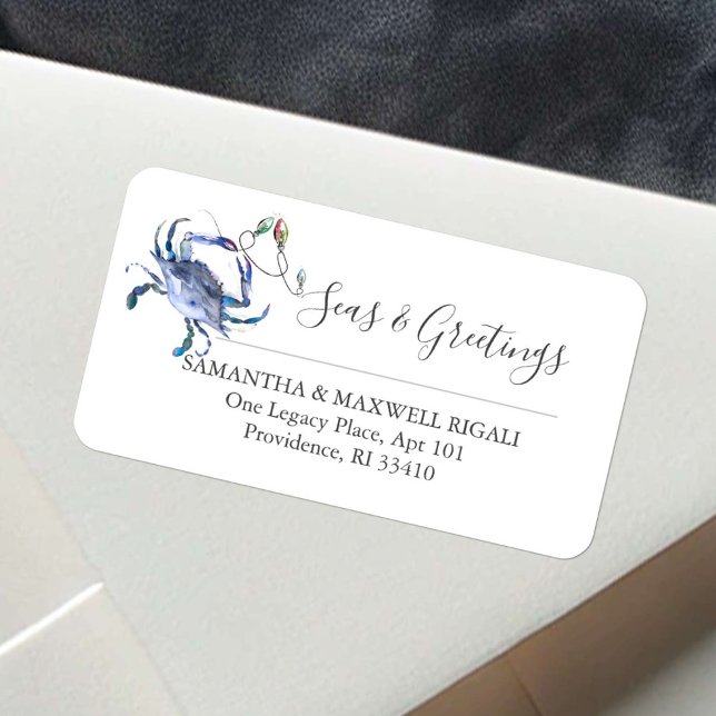 Adressetiketter för Blue Watercolor-julkrabbor (Beach Christmas large return address labels watercolor blue crab Victoria Grigaliunas DoTellABelle)