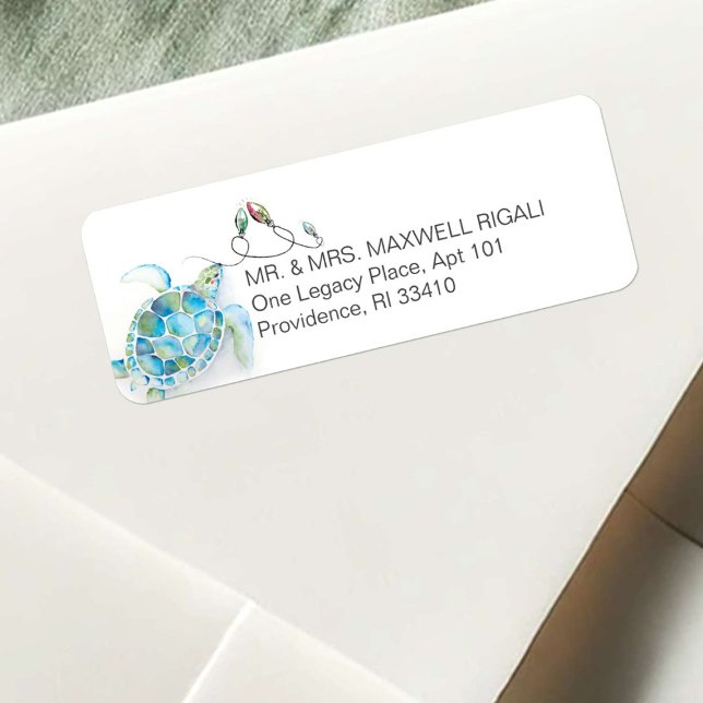 Adressetiketter för kustnära julsköldpadda returadress etikett (Beach Christmas return address labels watercolor sea turtle art by Victoria Grigaliunas DoTellABelle)