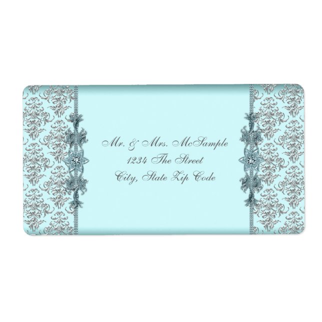 Adressetiketter för Silver Teal Blue Damask Fraktsedel (Framsidan)