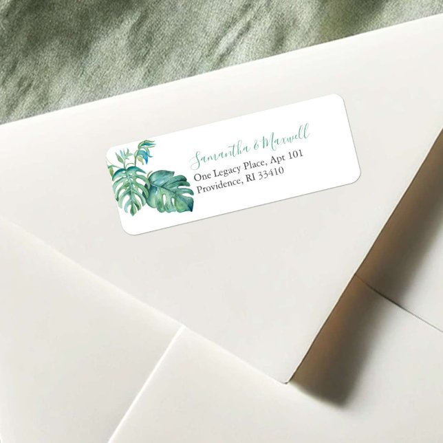 Adressetiketter för Tropical Handflatan Löv Returadress Etikett (Florida return address labels watercolor monstera palm leaf by Victoria Grigaliunas Do Tell A Belle)