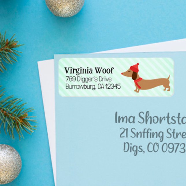 Adressetiketter för varm Grönt Doxie-julkort Returadress Etikett (Dachshund Christmas address labels
)