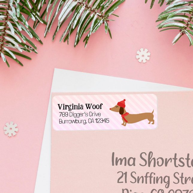 Adressetiketter för varm Rosa Dachshund-julkort Returadress Etikett (Dachshund Christmas address labels)