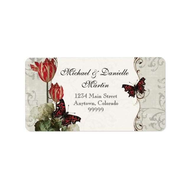 Adressetiketter - Grått n Cream Red Tulip Damask (Framsidan)