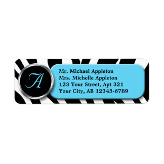 Adressetiketter i Classy Zebra tryck Aqua Monogram Returadress Etikett