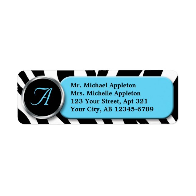 Adressetiketter i Classy Zebra tryck Aqua Monogram Returadress Etikett (Framsidan)
