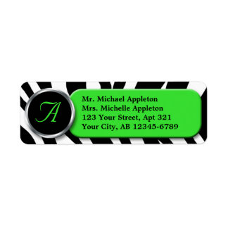 Adressetiketter i Classy Zebra tryck Lime Monogram Returadress Etikett