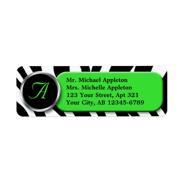 Adressetiketter i Classy Zebra tryck Lime Monogram Returadress Etikett (Framsidan)