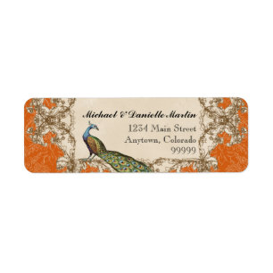Adressetiketter - orange vintagepåfågel & returadress etikett
