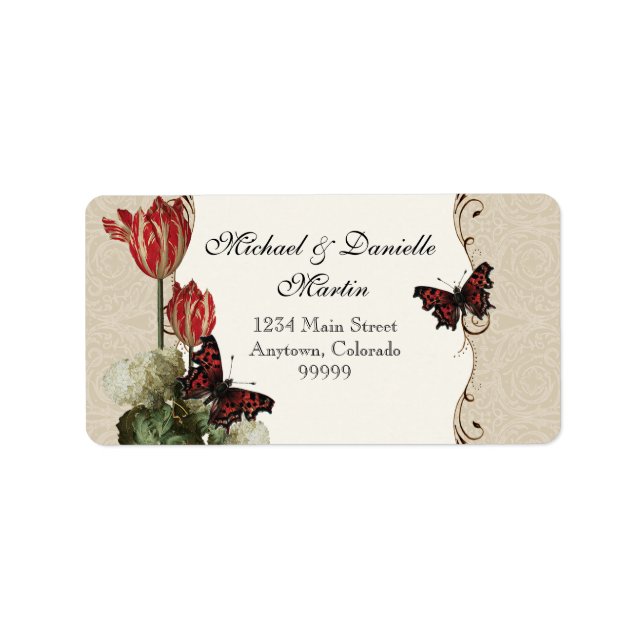 Adressetiketter - Tan n Cream Red Tulip Damask (Framsidan)