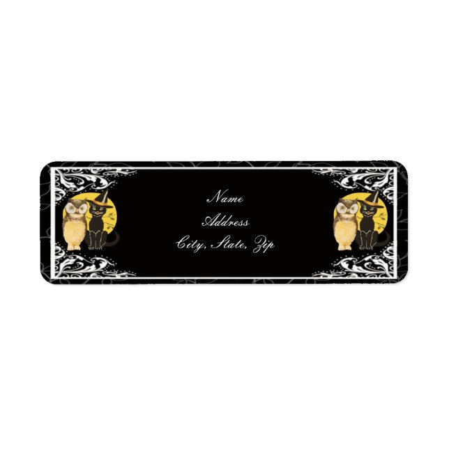 Adressetiketterna Cat & Uggla Halloween Bröllop Returadress Etikett (Framsidan)