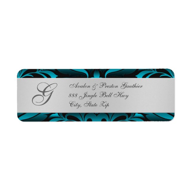 Adressetiketterna silver & Teal Monogram jul Returadress Etikett (Framsidan)
