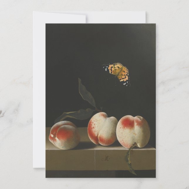 Adriaen Coorte: Fortfarande med tre persikor på  Inbjudningar (Framsida)