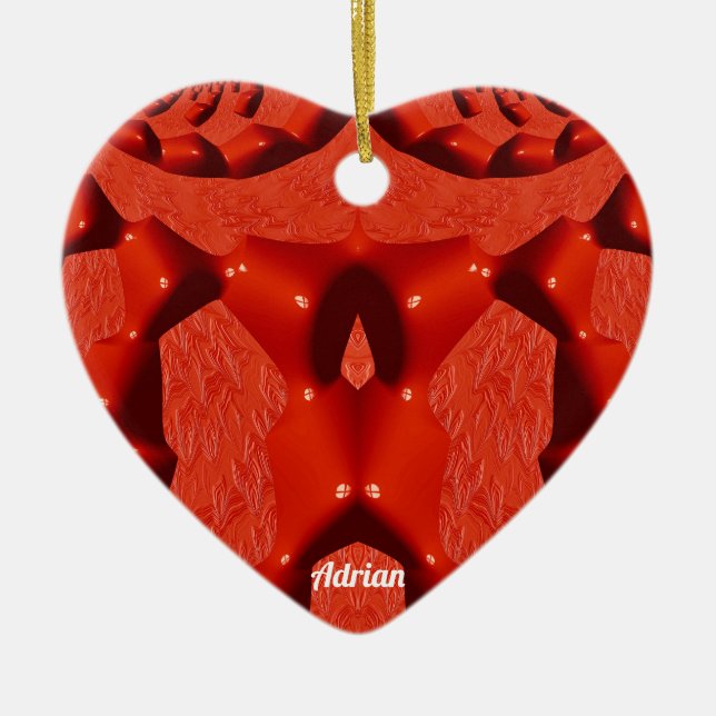 ADRIAN ~ VALENTINE HJÄRTA ~ Röd Fraktal ~  Julgransprydnad Keramik (Framsidan)