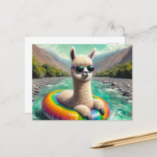 Adsible Alpaca på ett regnbåge Färg Flyter Vykort