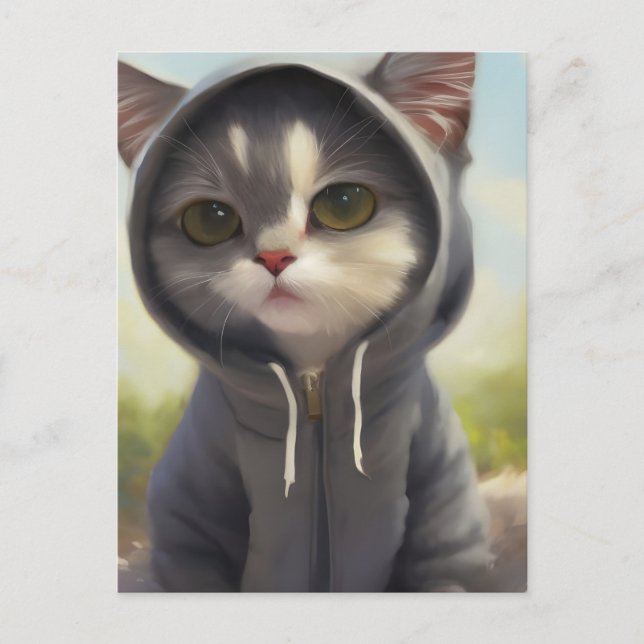 Adsible and Sweet Kitten Wearing a Hoodie Vykort (Framsida)