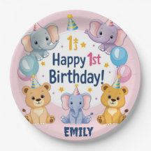 Adsible Animals Lycklig 1st Birthday Papper Plate