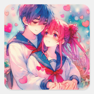 Adsible Anime Boy and Girl Red Hearts Fyrkantigt Klistermärke