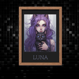Adsible Anime Girl and Cat Cute Lila Hair Poster