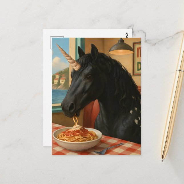 Adsible Appaloosa Unicorn Eating Pasta Vykort (Fram/Back In Situ)