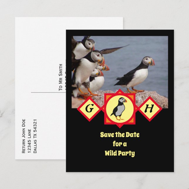 Adsible Atlantic Puffin Tecknad Monogram Photo Inbjudan Vykort (Fram/baksida)