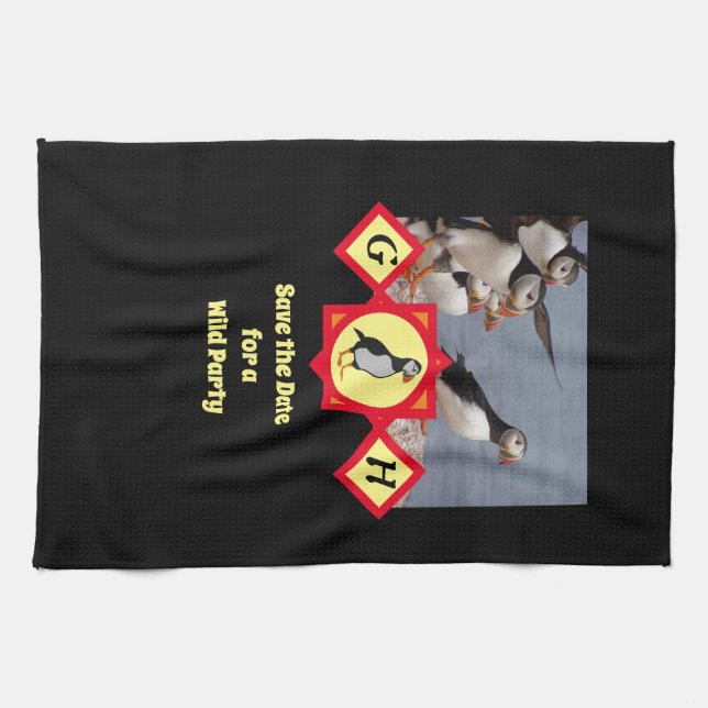 Adsible Atlantic Puffin Tecknad Monogram Photo Kökshandduk (Horisontell)