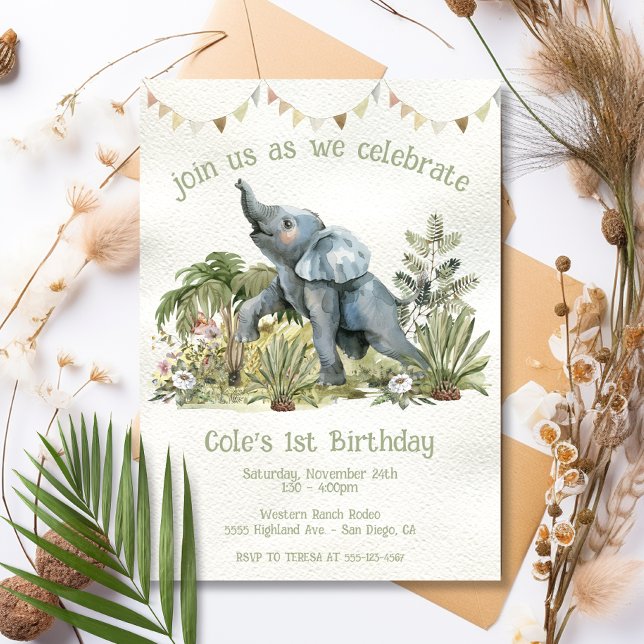 Adsible Baby Elephant 1st Birthday Party Inbjudningar (Skapare uppladdad)
