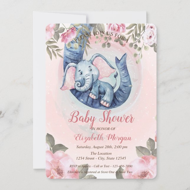 Adsible Baby Elephant Blommigt Baby Shower Inbjudningar (Framsida)
