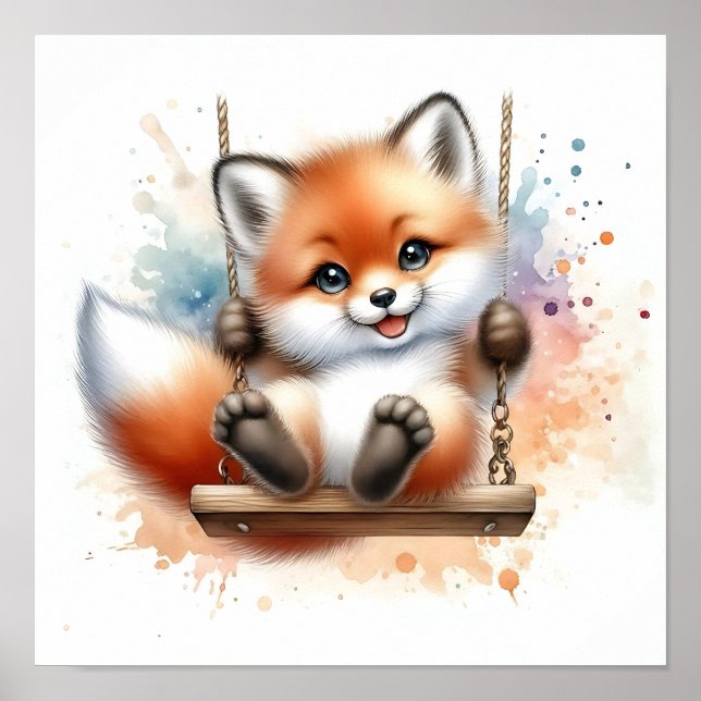 Adsible Baby Fox on a Swing Watercolor Nursery Poster (Framsidan)