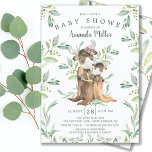 Adsible Baby Moose and Mamma Baby Shower Inbjudningar<br><div class="desc">Söt baby-mos med mamma sitta på en träd-stump och inramad med löv för naturlig grönt som är inramade på en vit bakgrund. Vänd över inbjudan om du vill visa en matchande grönt löv tillbaka för en speciell beröring från extra.</div>