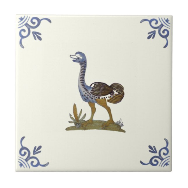 Adsible Baby Ostrich Bird Repro Antique Delft Kakelplatta (Framsidan)